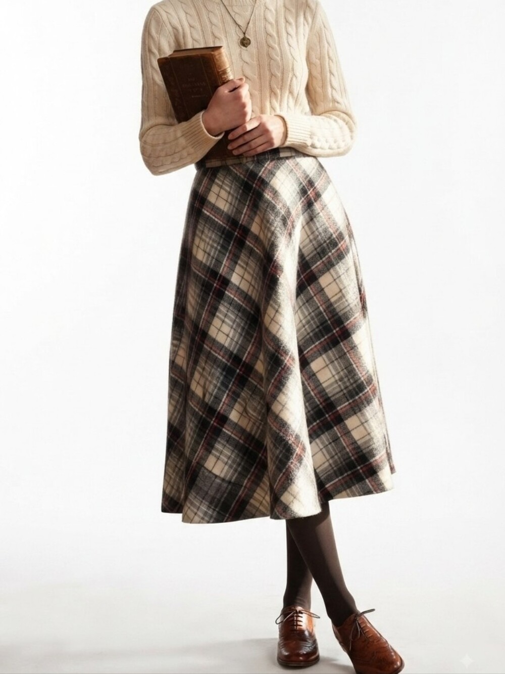Vintage 1980s B. Bronson Plaid Wool Blend Midi Skirt Black White Red 8